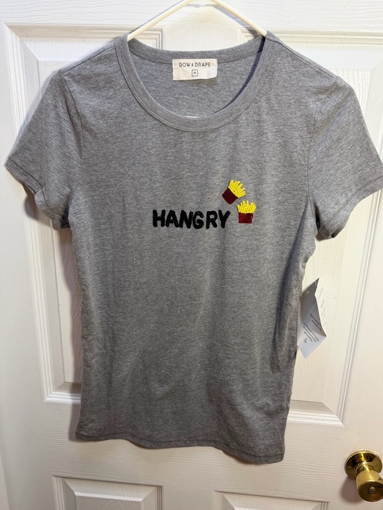 Bow & Drape Tops - Bow & Drape Women’s Gray "Hangry" Tee with Fries Embroidery